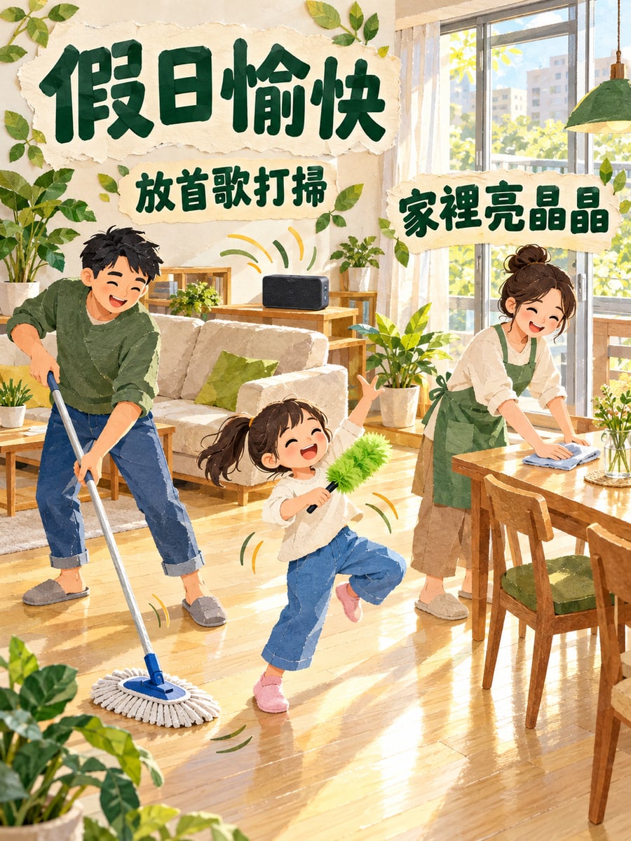 放音樂一起打掃。圖中文字：假日愉快，放首歌打掃，家裡亮晶晶