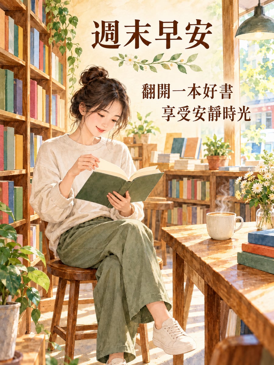 獨立書店翻書。圖中文字：週末早安，翻開一本好書，享受安靜時光