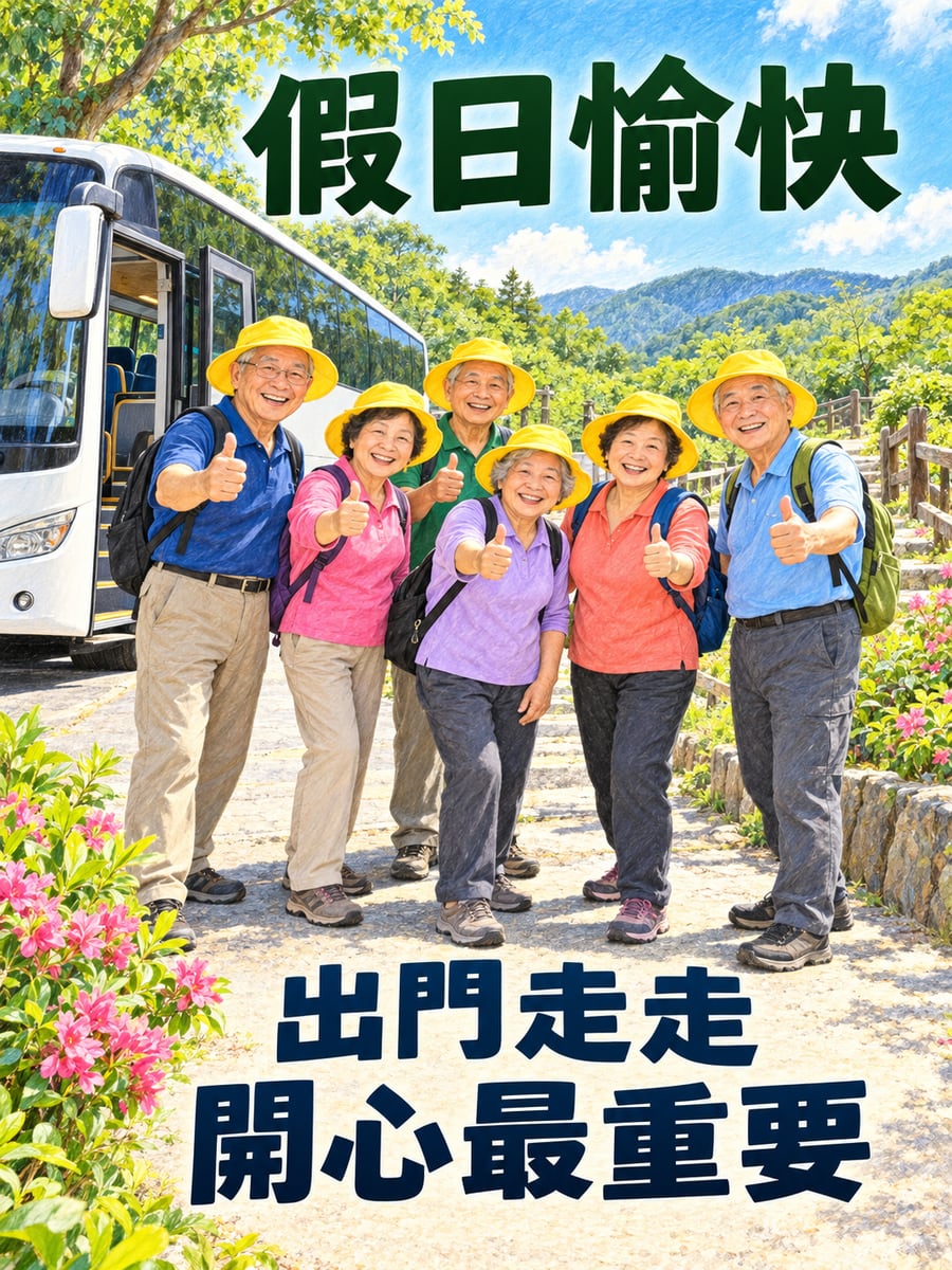 長輩團出遊。圖中文字：假日愉快，出門走走，開心最重要