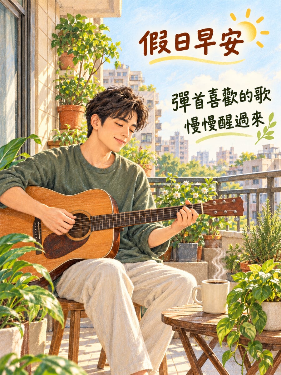 陽台彈吉他。圖中文字：假日早安，彈首喜歡的歌，慢慢醒過來