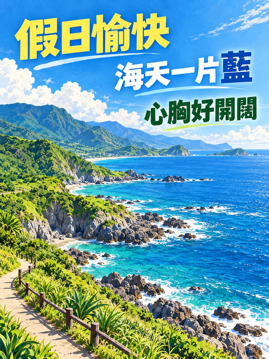 湛藍海灣。圖中文字：假日愉快，海天一片藍，心胸好開闊