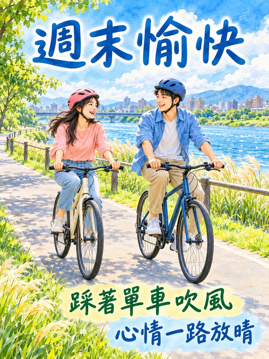 情侶河濱騎單車。圖中文字：週末愉快，踩著單車吹風，心情一路放晴
