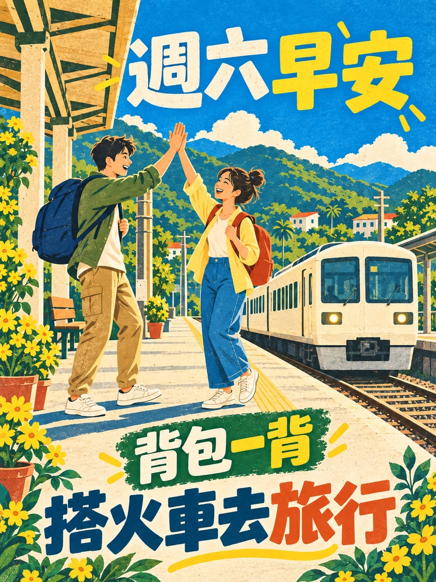 搭火車去旅行。圖中文字：週六早安，背包一背，搭火車去旅行