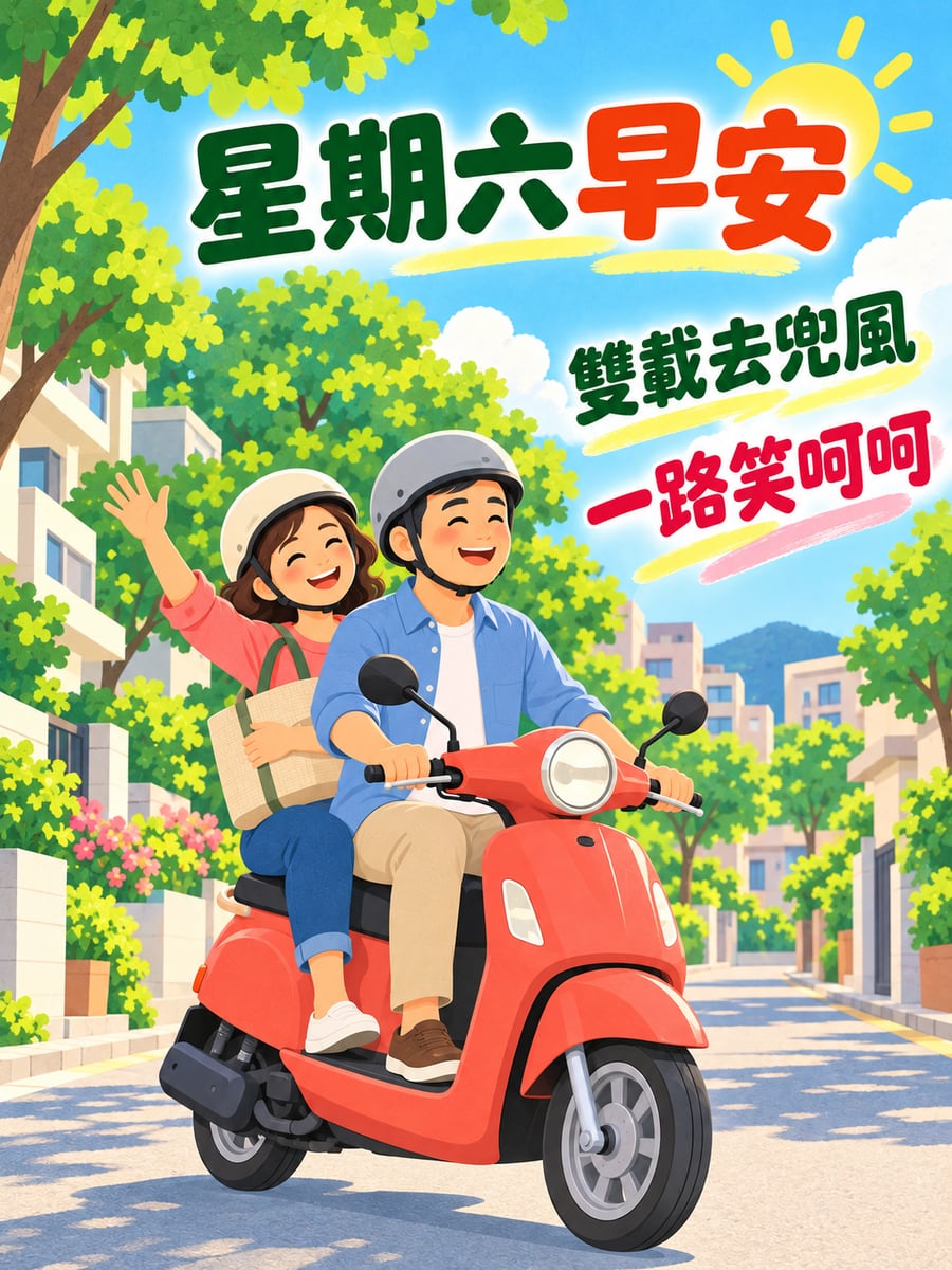 機車雙載去兜風。圖中文字：星期六早安，雙載去兜風，一路笑呵呵