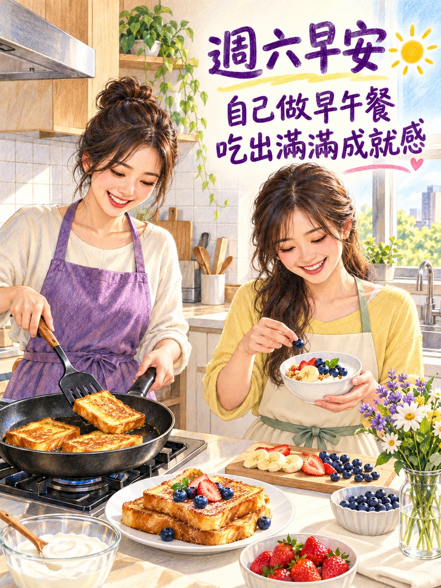 姊妹在家做早午餐。圖中文字：週六早安，自己做早午餐，吃出滿滿成就感