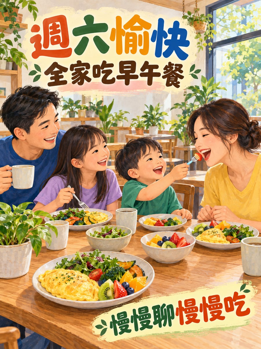 全家吃早午餐。圖中文字：週六愉快，全家吃早午餐，慢慢聊慢慢吃