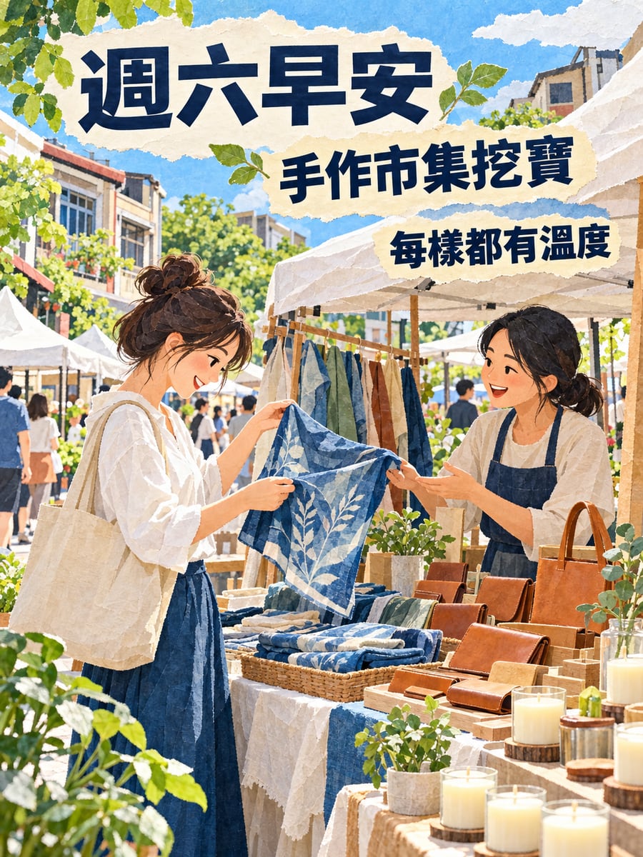手作市集挖寶。圖中文字：週六早安，手作市集挖寶，每樣都有溫度