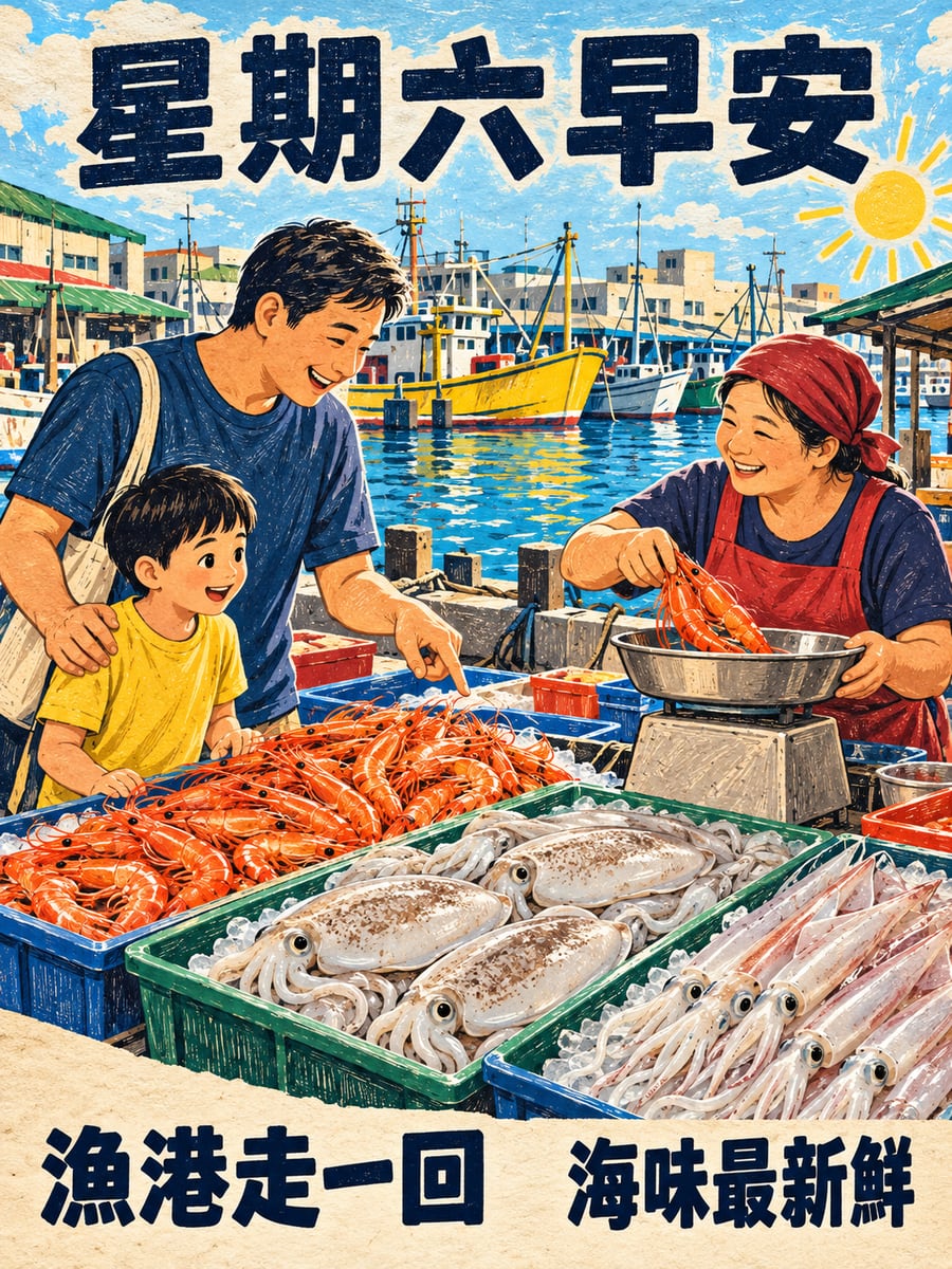 漁港魚市。圖中文字：星期六早安，漁港走一回，海味最新鮮