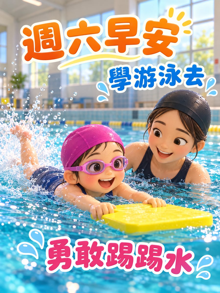 小朋友學游泳。圖中文字：週六早安，學游泳去，勇敢踢踢水