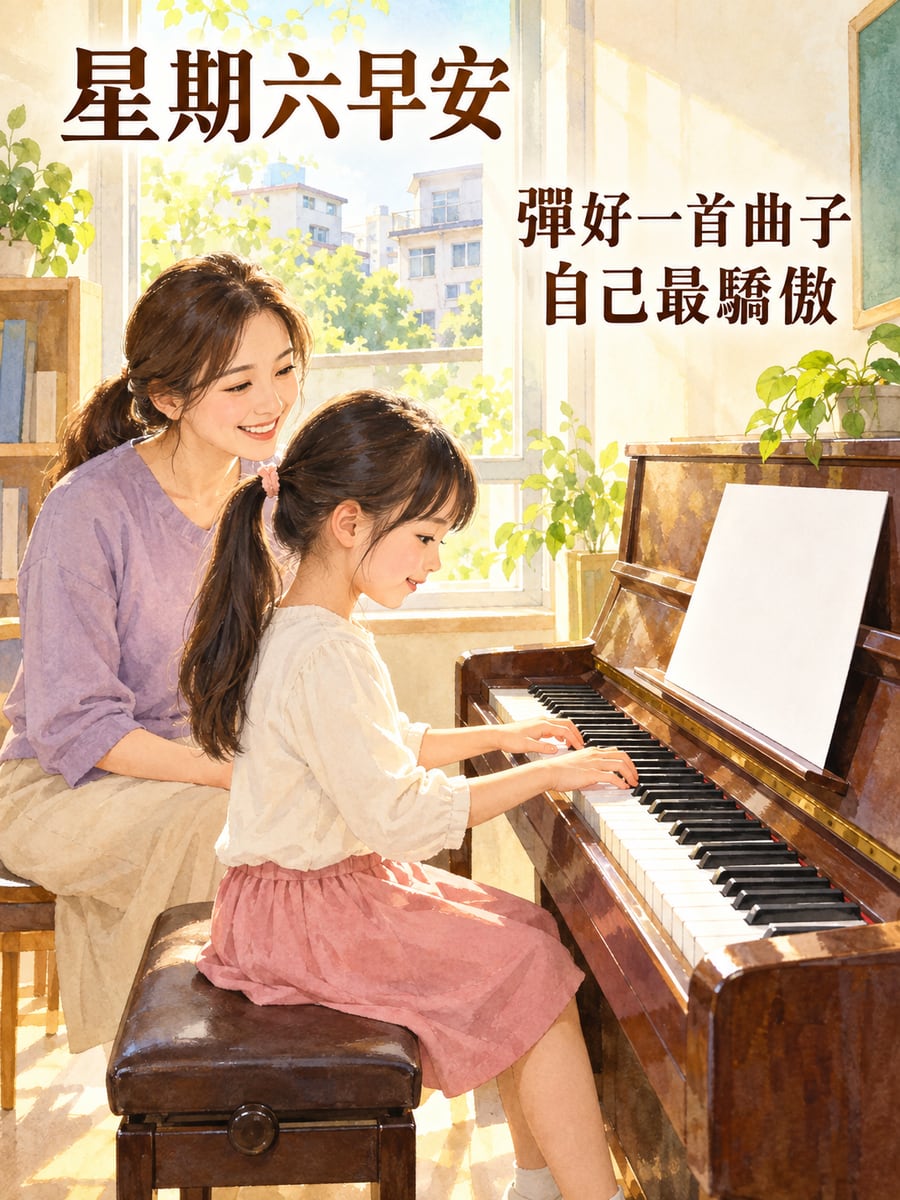 小女孩上鋼琴課。圖中文字：星期六早安，彈好一首曲子，自己最驕傲