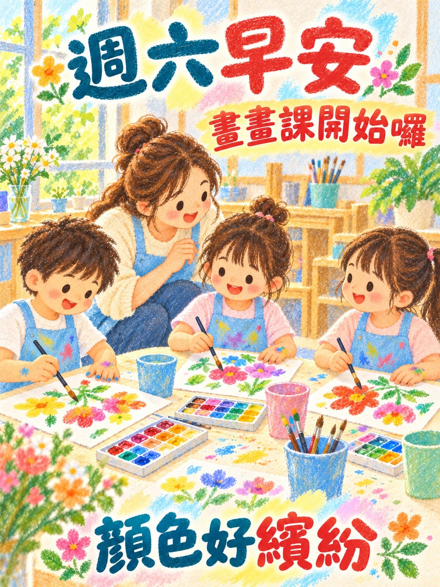 兒童美術課。圖中文字：週六早安，畫畫課開始囉，顏色好繽紛