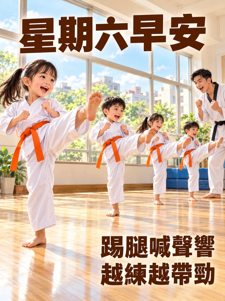 跆拳道課。圖中文字：星期六早安，踢腿喊聲響，越練越帶勁