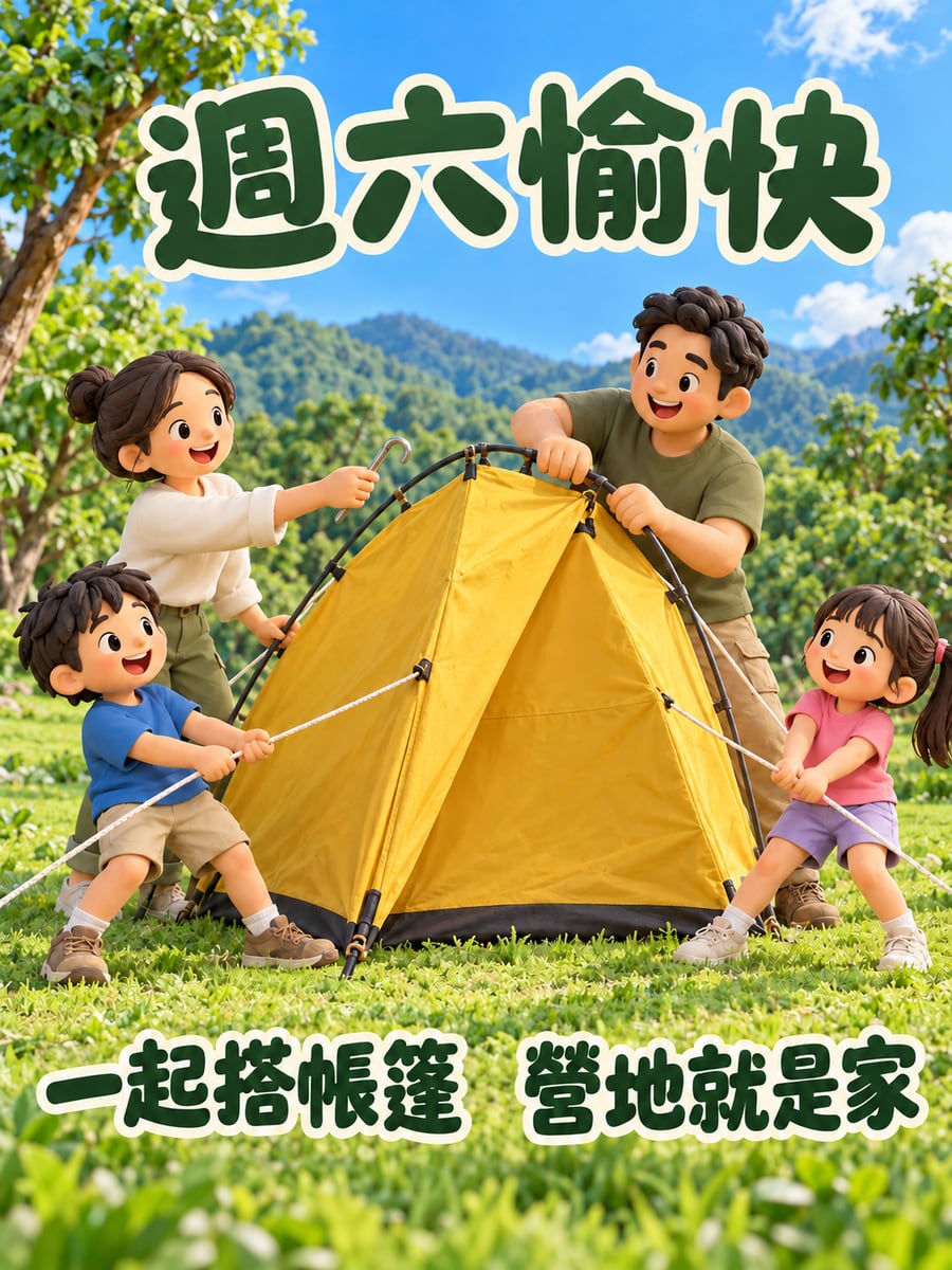全家搭帳篷。圖中文字：週六愉快，一起搭帳篷，營地就是家