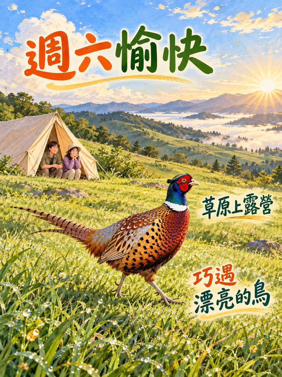草原營地遇見環頸雉。圖中文字：週六愉快，草原上露營，巧遇漂亮的鳥