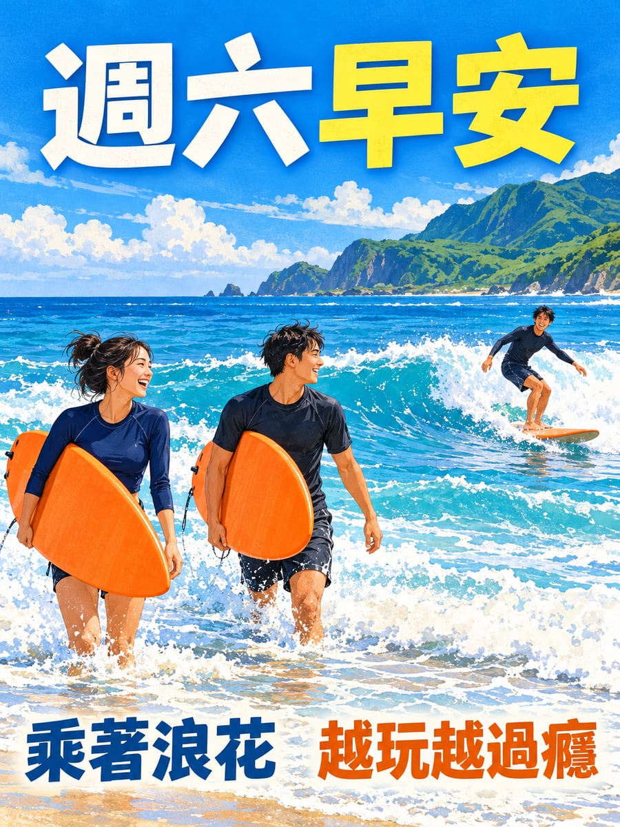 乘浪衝浪。圖中文字：週六早安，乘著浪花，越玩越過癮