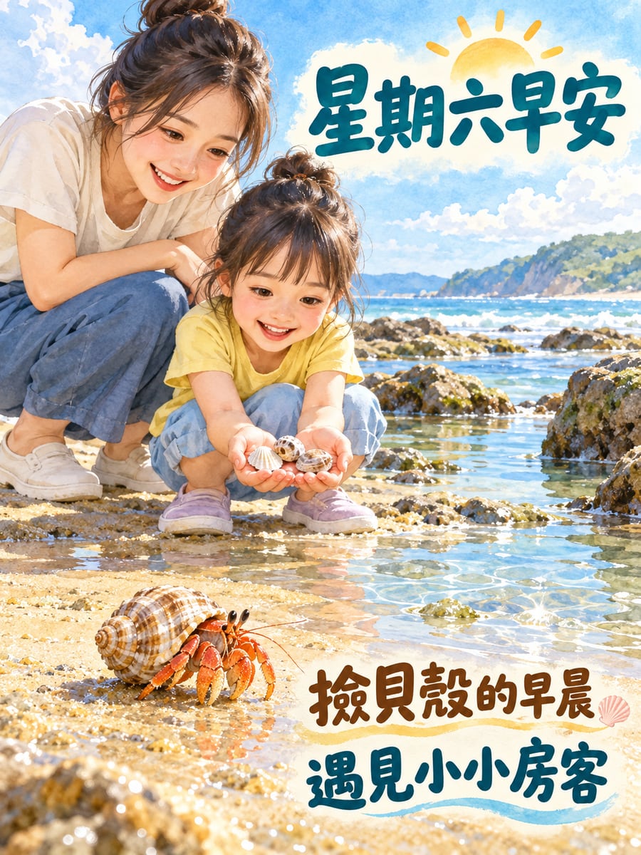 潮間帶的寄居蟹。圖中文字：星期六早安，撿貝殼的早晨，遇見小小房客