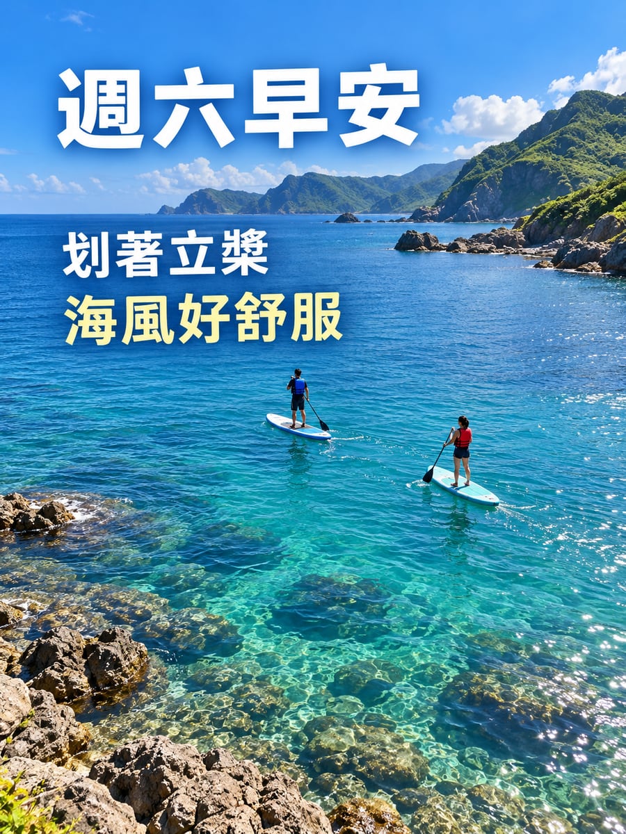 平靜海灣划立槳。圖中文字：週六早安，划著立槳，海風好舒服