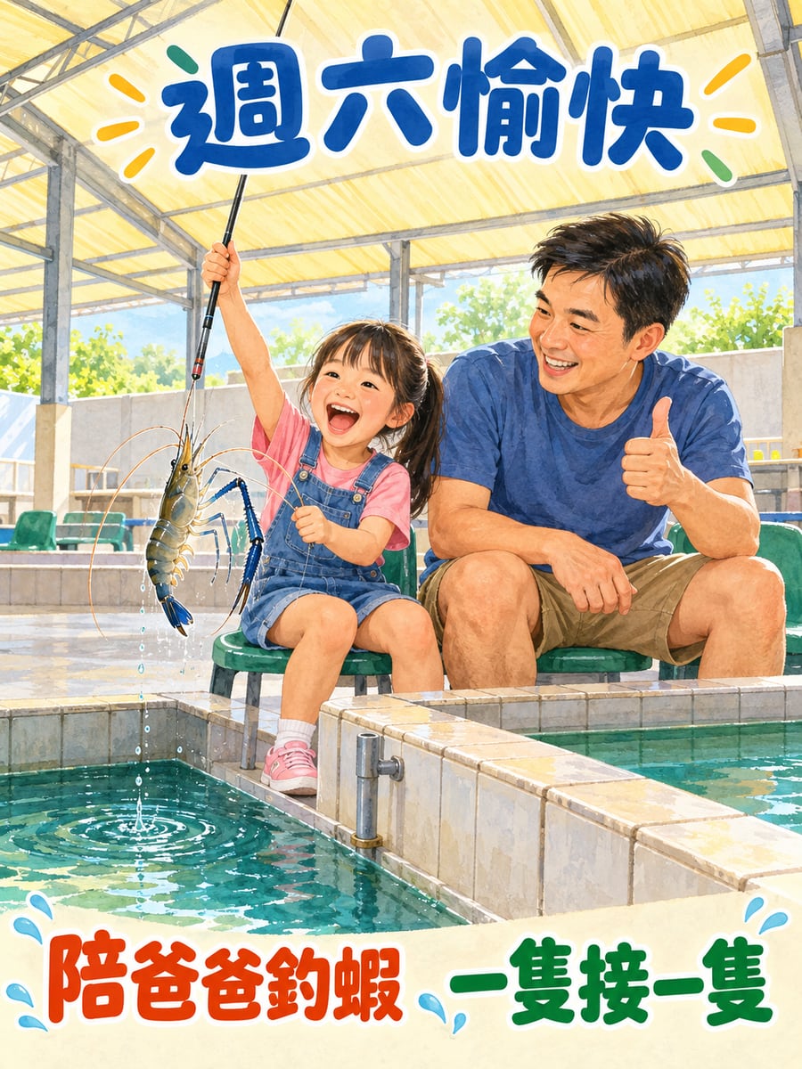 陪爸爸釣蝦。圖中文字：週六愉快，陪爸爸釣蝦，一隻接一隻