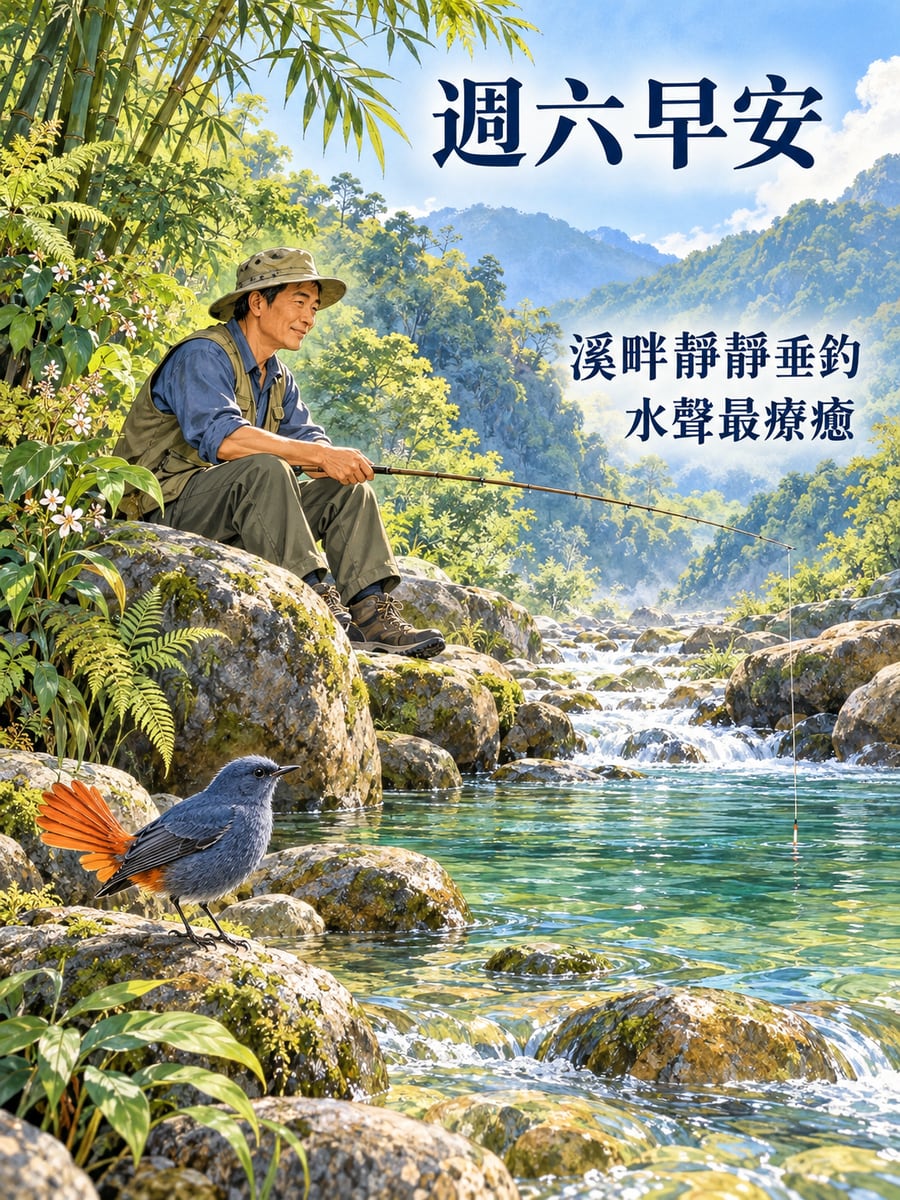溪畔垂釣遇鉛色水鶇。圖中文字：週六早安，溪畔靜靜垂釣，水聲最療癒