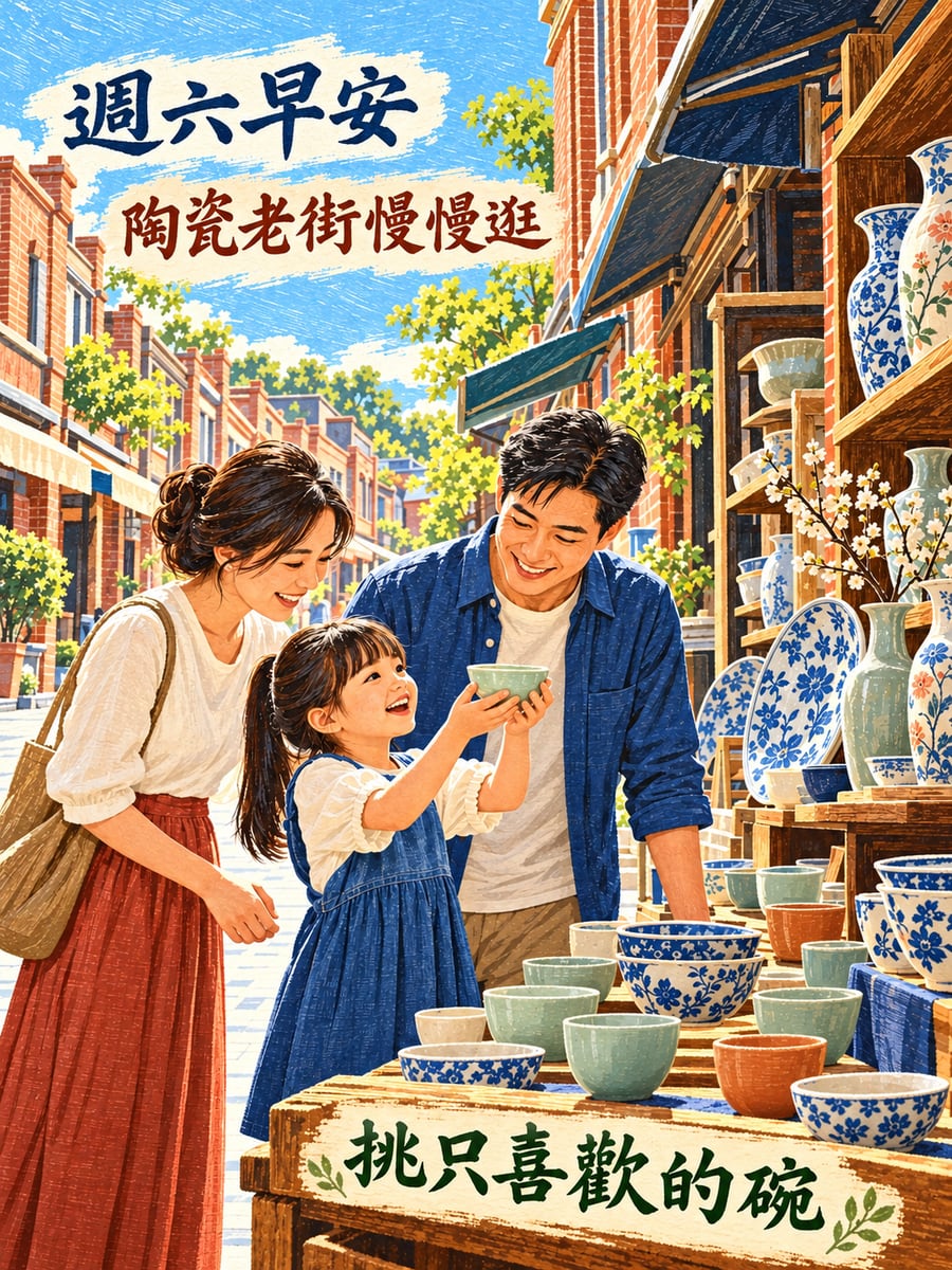 鶯歌陶瓷老街挑碗。圖中文字：週六早安，陶瓷老街慢慢逛，挑只喜歡的碗