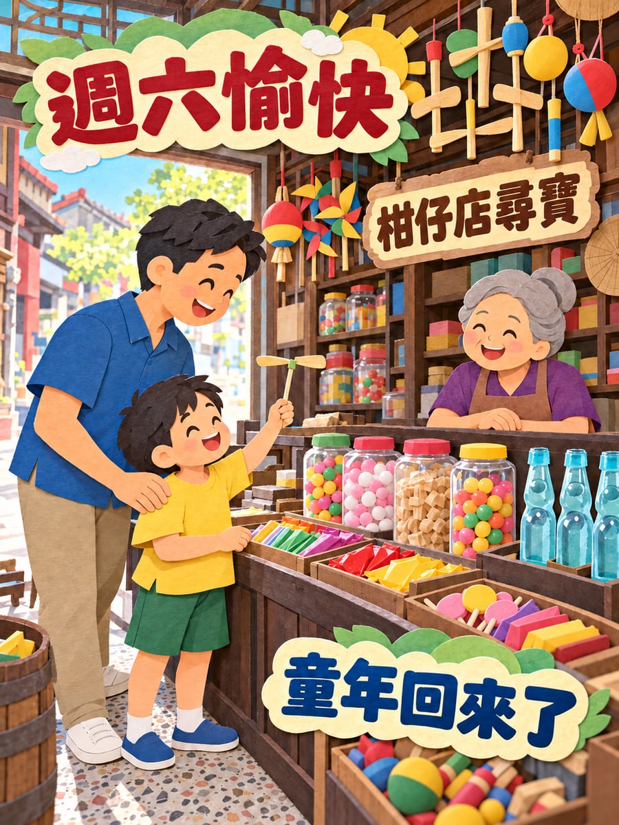 柑仔店尋寶。圖中文字：週六愉快，柑仔店尋寶，童年回來了