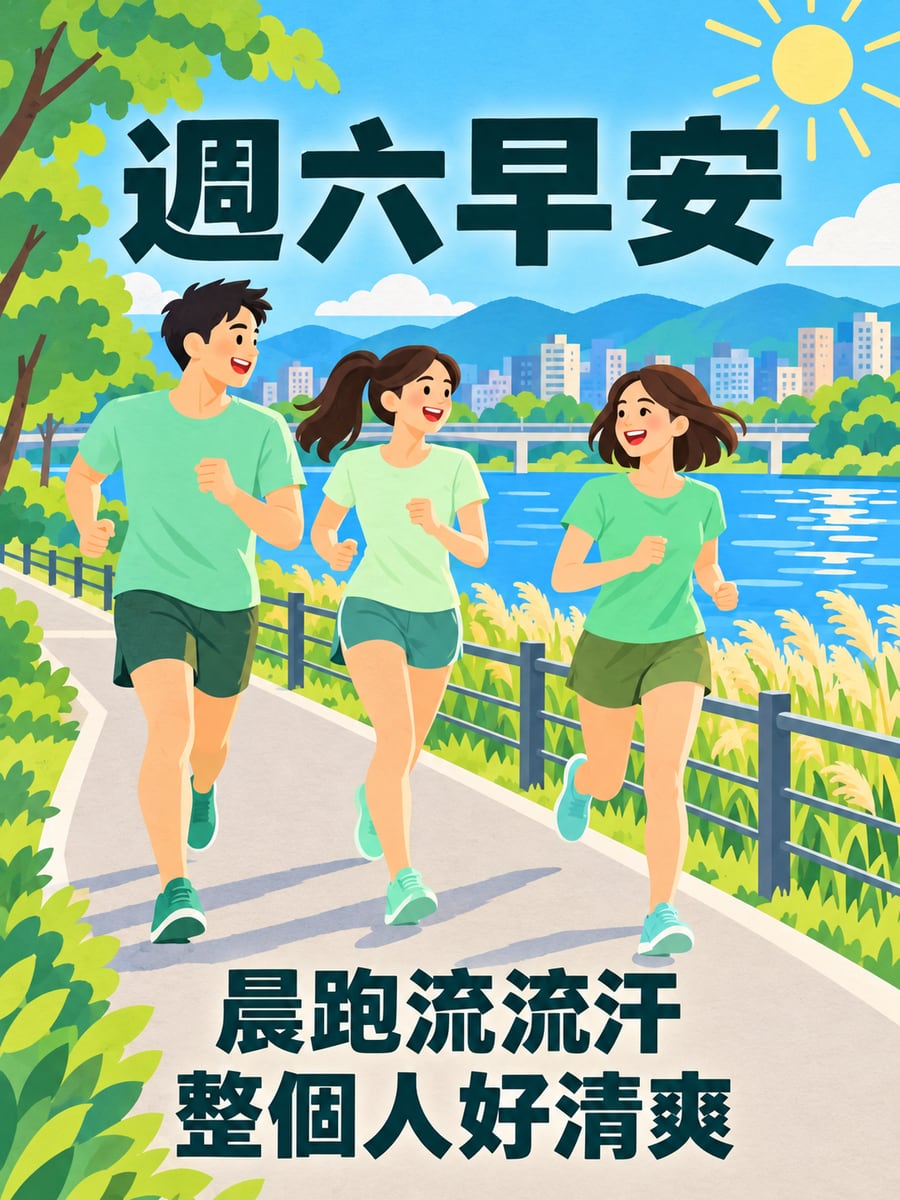 好友晨跑。圖中文字：週六早安，晨跑流流汗，整個人好清爽