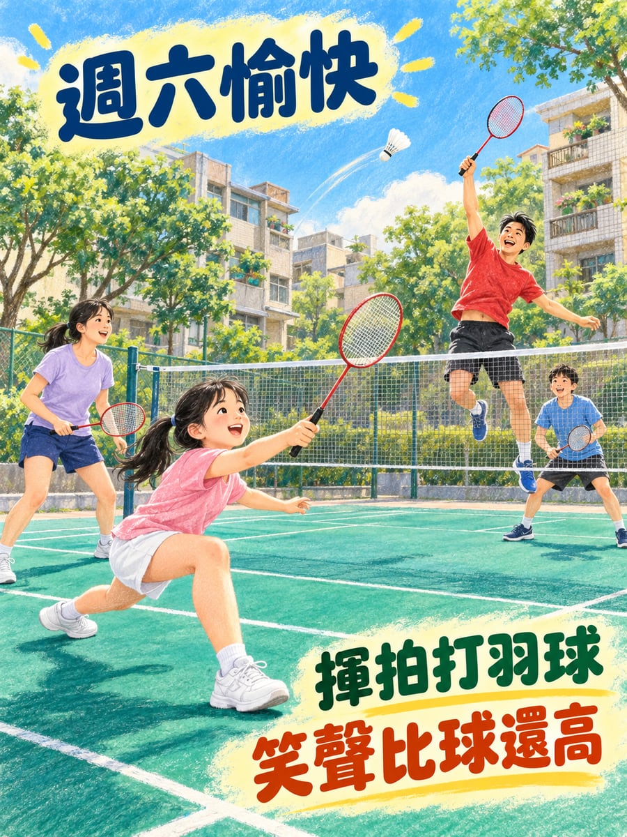 全家打羽球。圖中文字：週六愉快，揮拍打羽球，笑聲比球還高