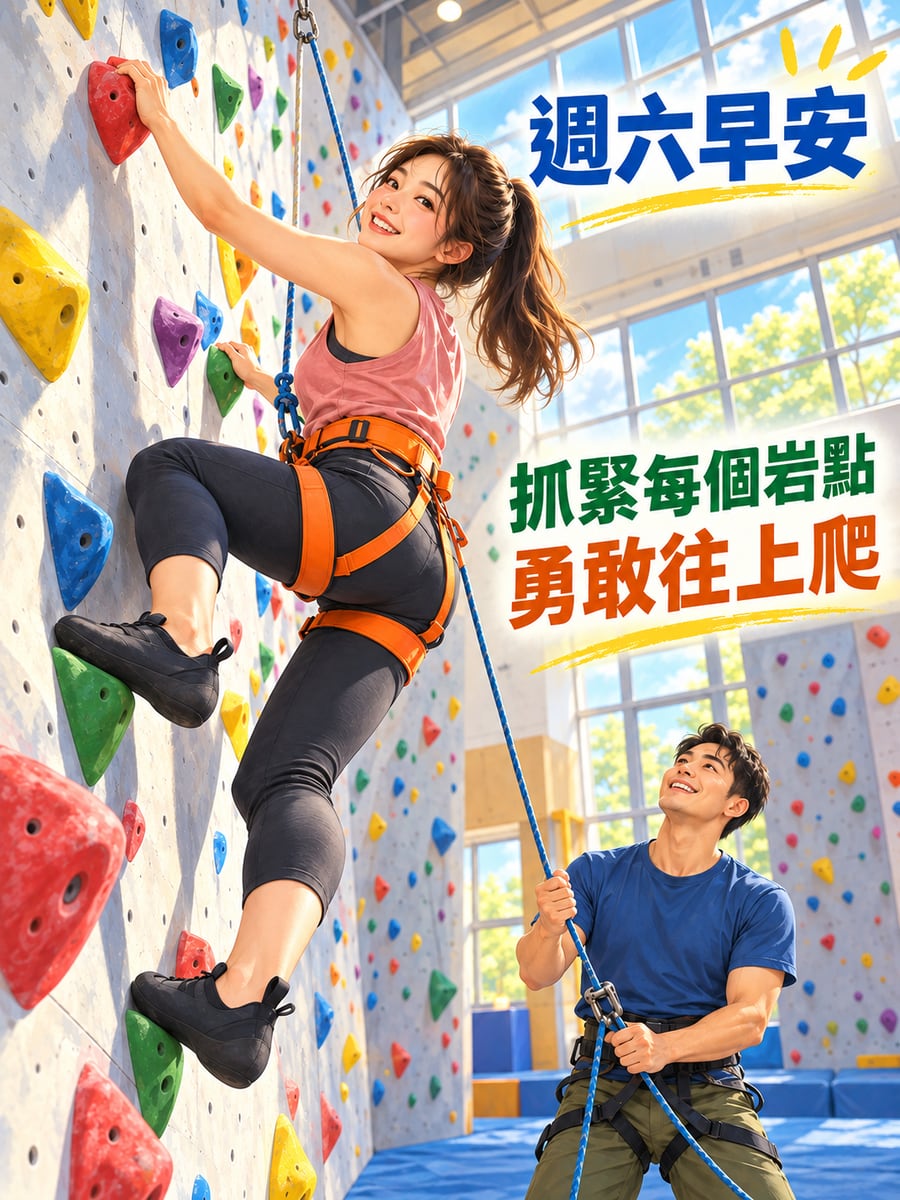 攀岩館挑戰。圖中文字：週六早安，抓緊每個岩點，勇敢往上爬