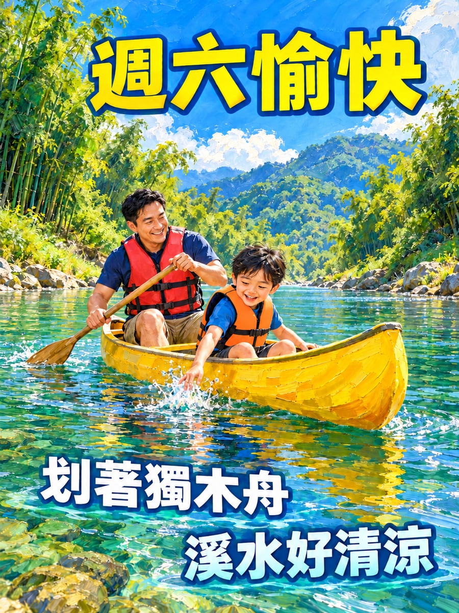 父子划獨木舟。圖中文字：週六愉快，划著獨木舟，溪水好清涼