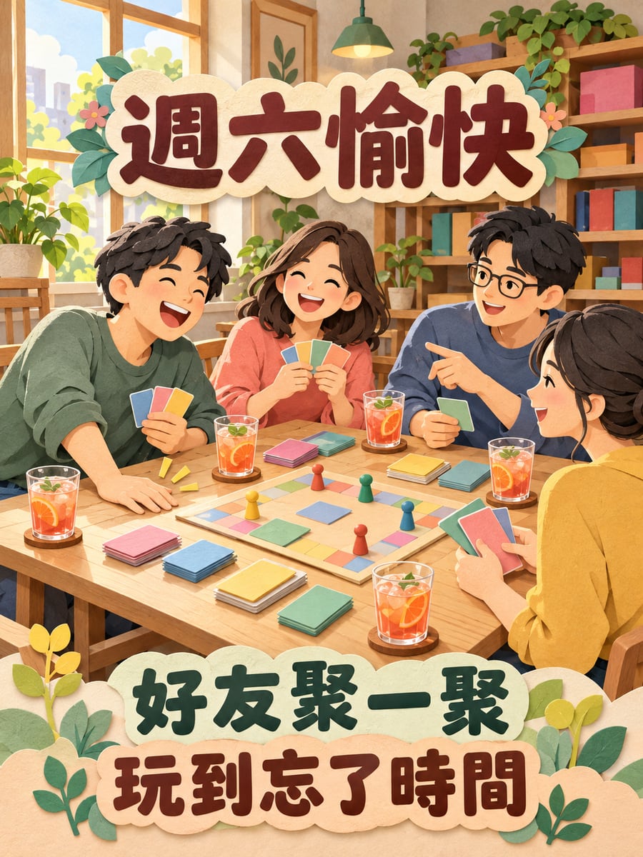 好友桌遊聚會。圖中文字：週六愉快，好友聚一聚，玩到忘了時間