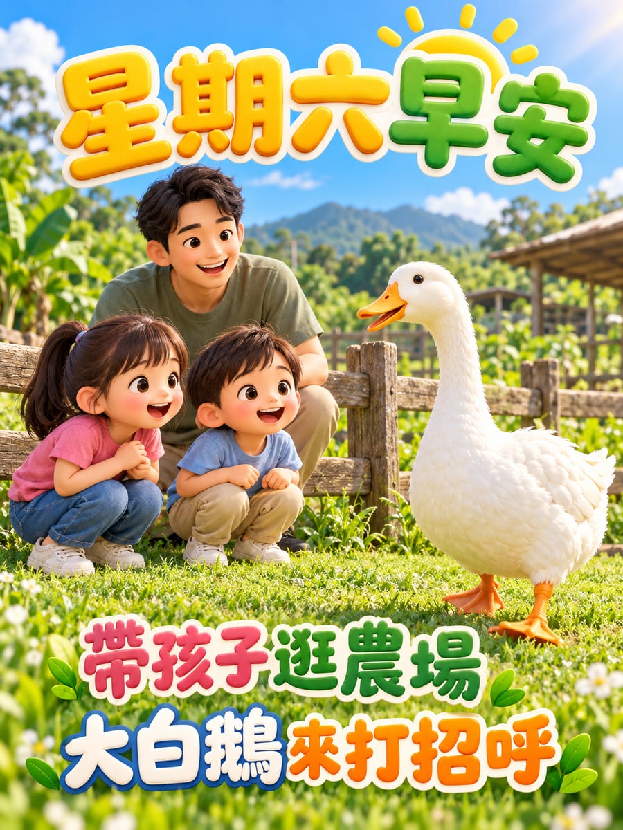 農場的大白鵝。圖中文字：星期六早安，帶孩子逛農場，大白鵝來打招呼