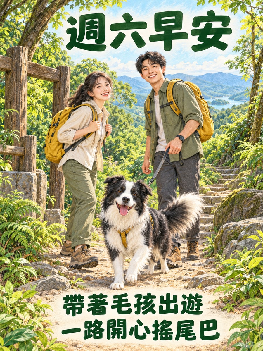 帶邊牧去健行。圖中文字：週六早安，帶著毛孩出遊，一路開心搖尾巴