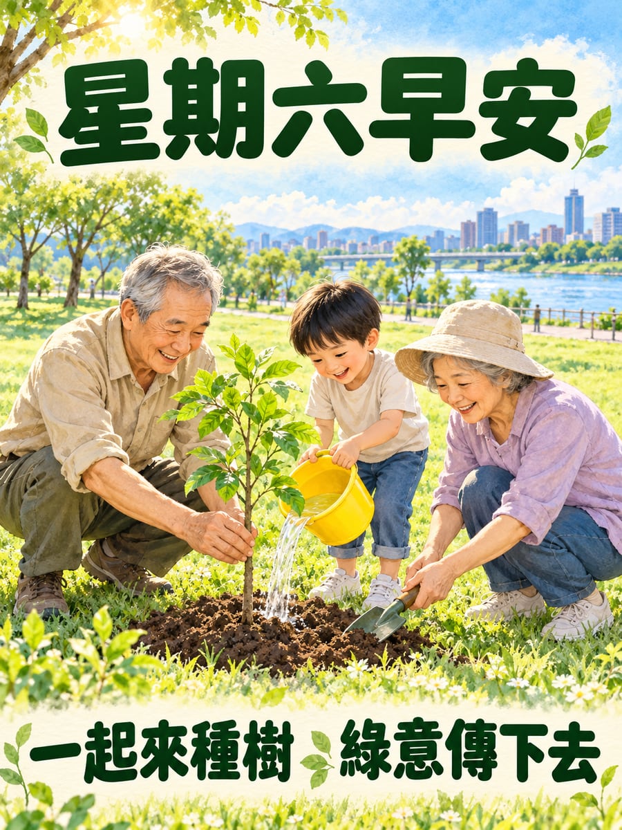 祖孫一起種樹。圖中文字：星期六早安，一起來種樹，綠意傳下去