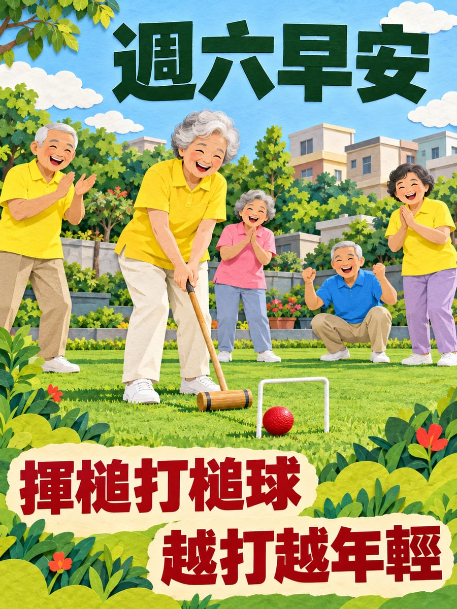 長輩打槌球。圖中文字：週六早安，揮槌打槌球，越打越年輕