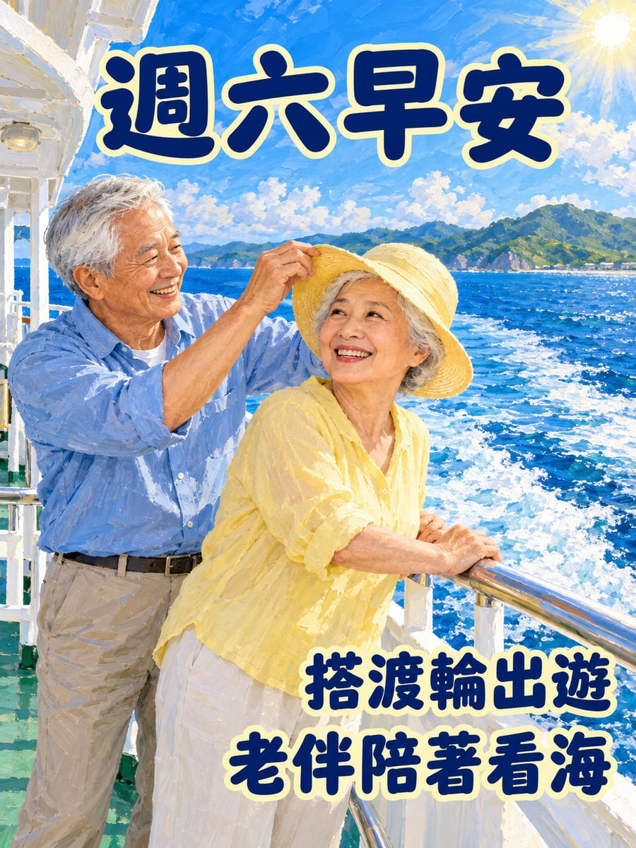 老夫妻搭渡輪。圖中文字：週六早安，搭渡輪出遊，老伴陪著看海