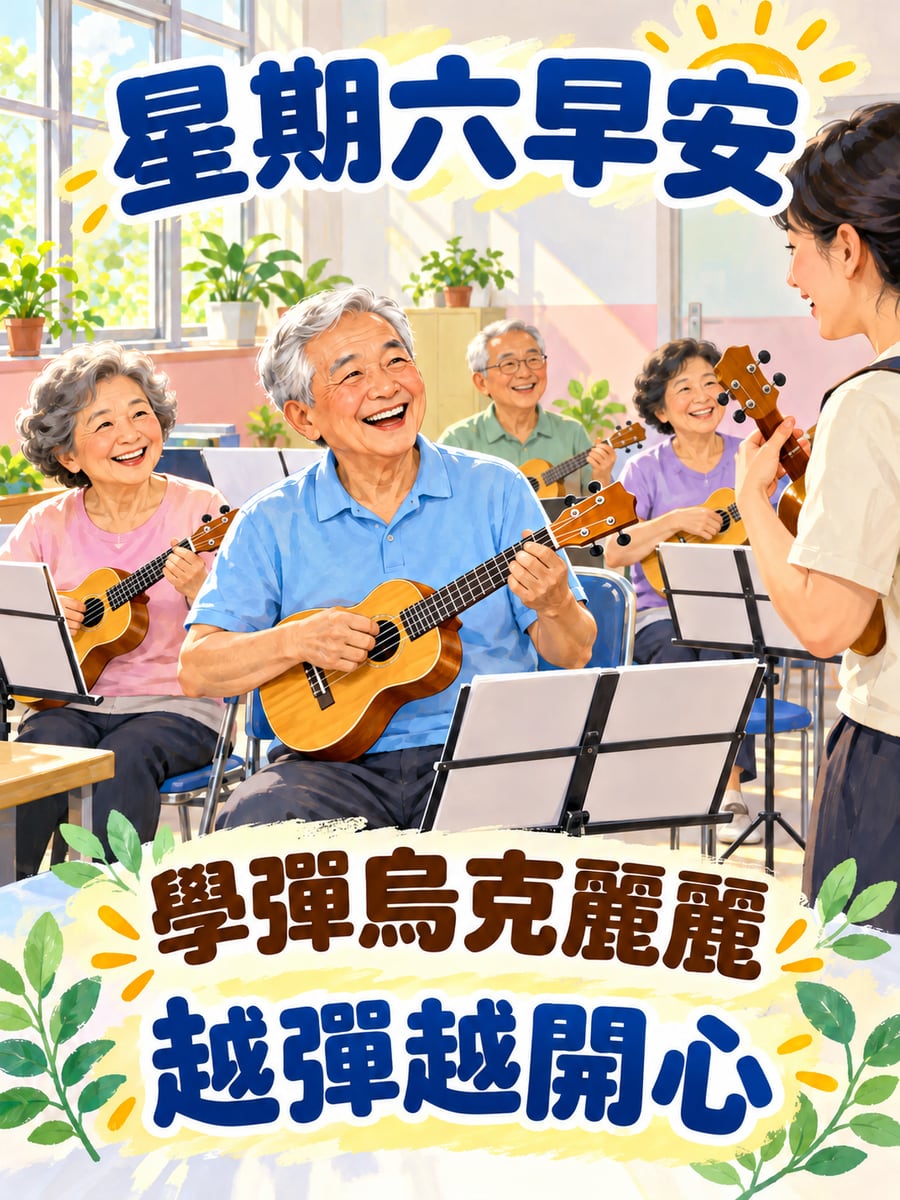 長輩學烏克麗麗。圖中文字：星期六早安，學彈烏克麗麗，越彈越開心