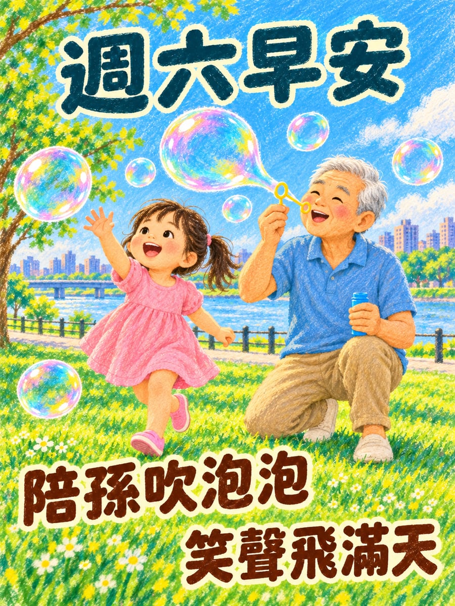 阿公陪孫吹泡泡。圖中文字：週六早安，陪孫吹泡泡，笑聲飛滿天