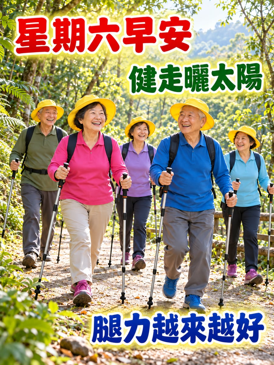 長輩林間健走。圖中文字：星期六早安，健走曬太陽，腿力越來越好