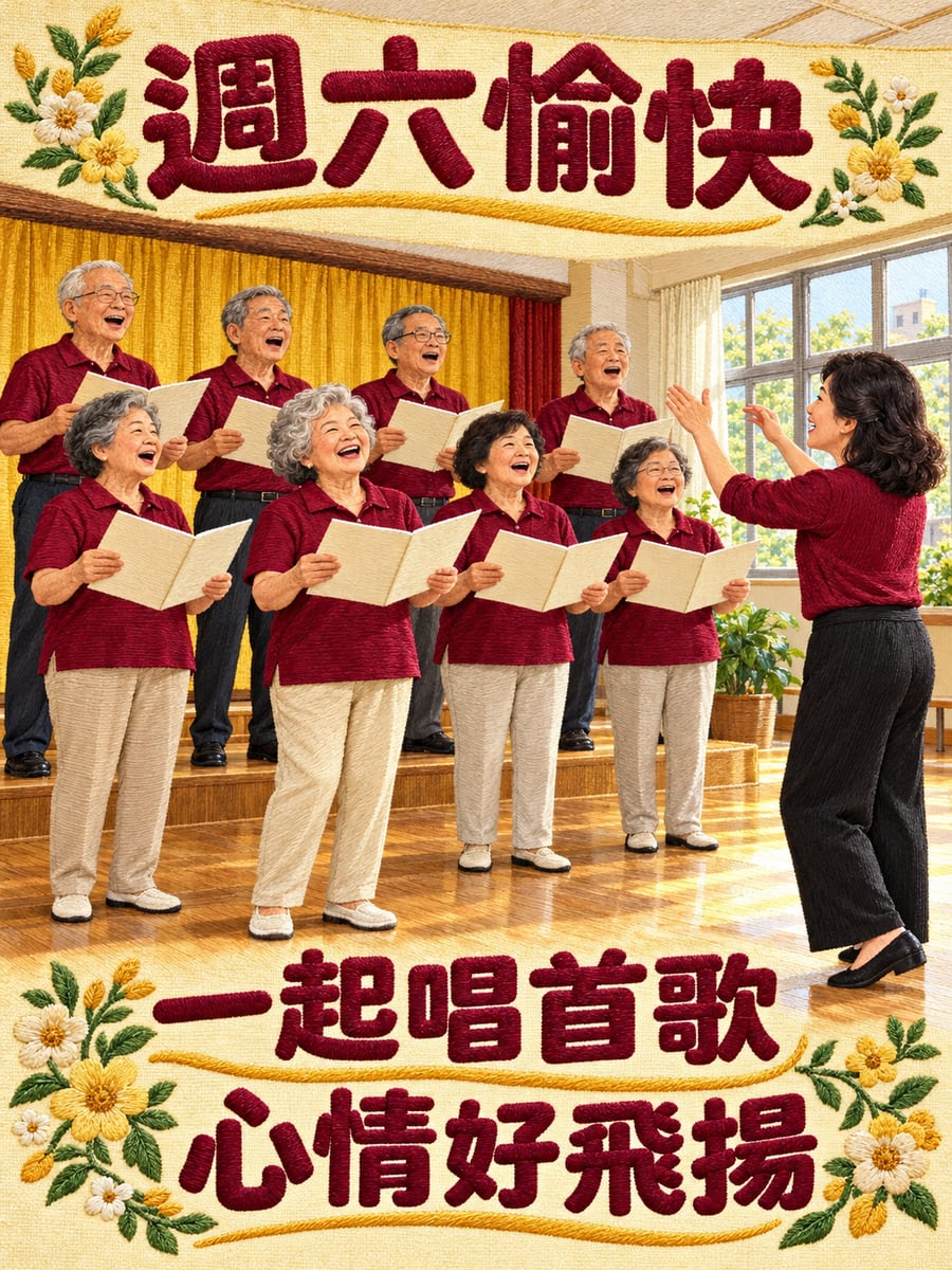 社區合唱團。圖中文字：週六愉快，一起唱首歌，心情好飛揚