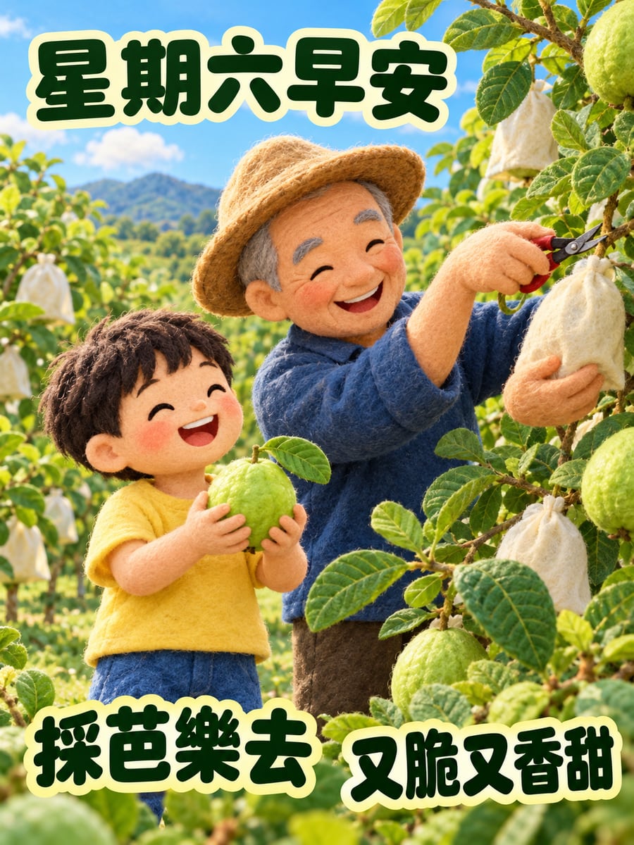 阿公帶孫採芭樂。圖中文字：星期六早安，採芭樂去，又脆又香甜