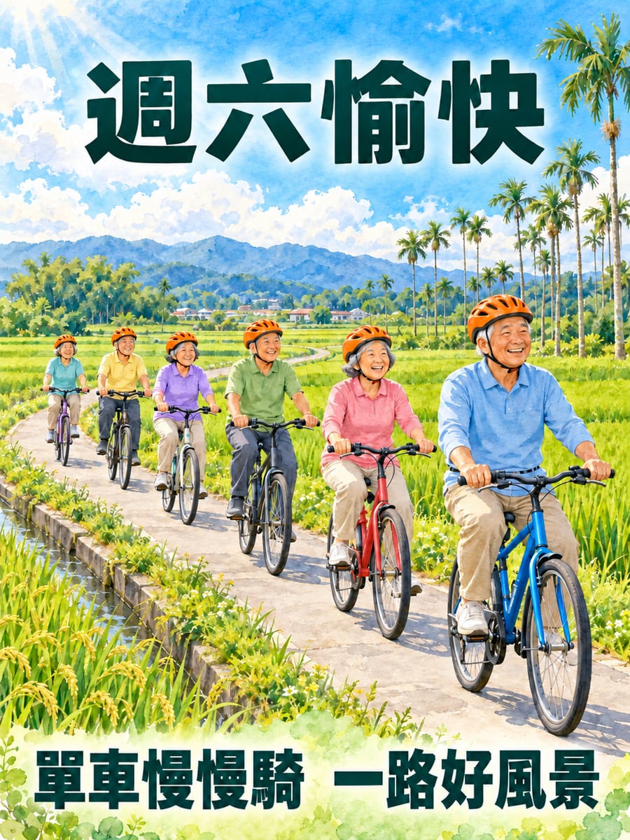 長輩單車隊。圖中文字：週六愉快，單車慢慢騎，一路好風景