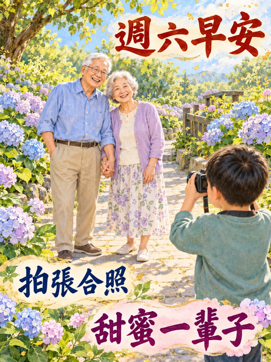 老夫妻拍紀念照。圖中文字：週六早安，拍張合照，甜蜜一輩子