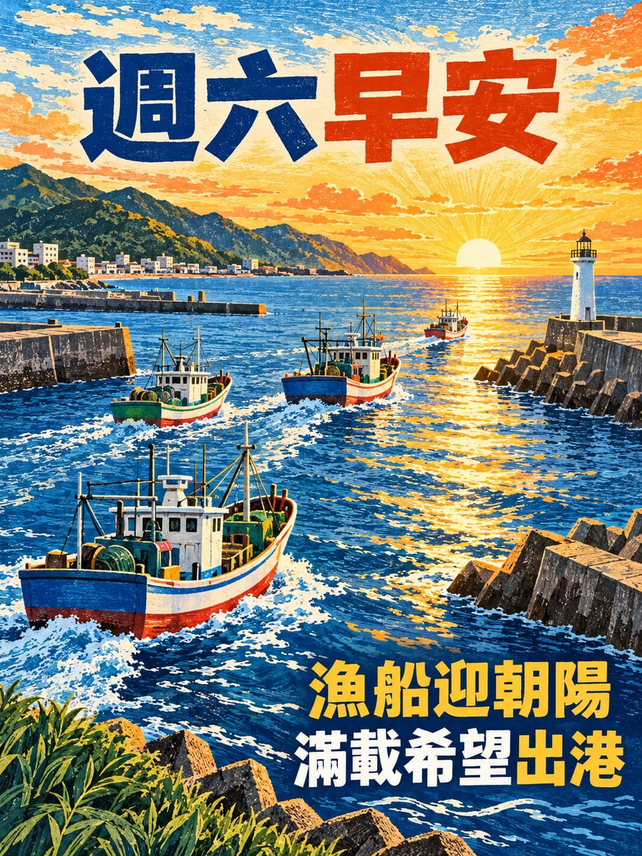 漁船迎著朝陽出港。圖中文字：週六早安，漁船迎朝陽，滿載希望出港