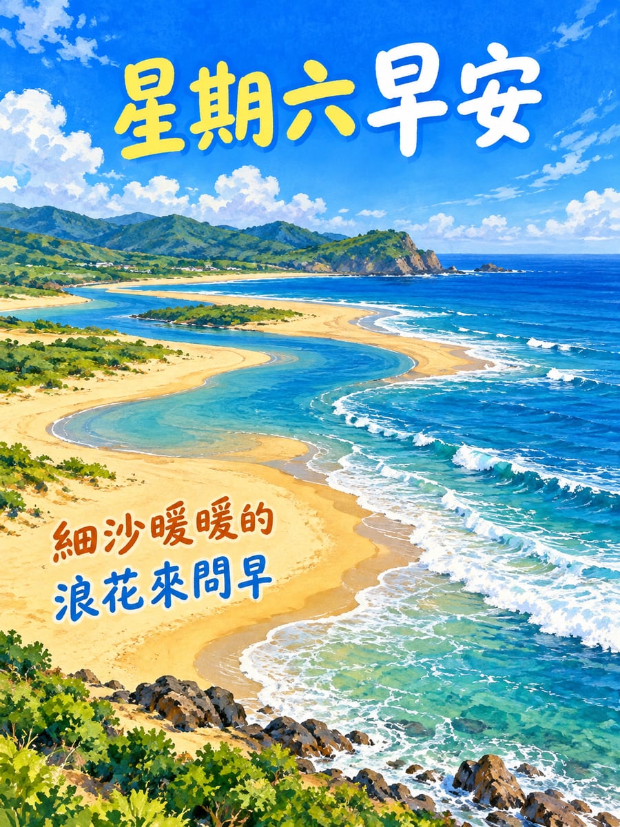 福隆的金色細沙。圖中文字：星期六早安，細沙暖暖的，浪花來問早