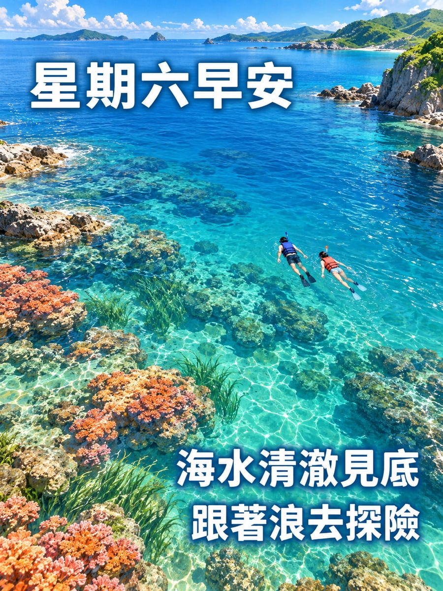 清澈海灣浮潛。圖中文字：星期六早安，海水清澈見底，跟著浪去探險
