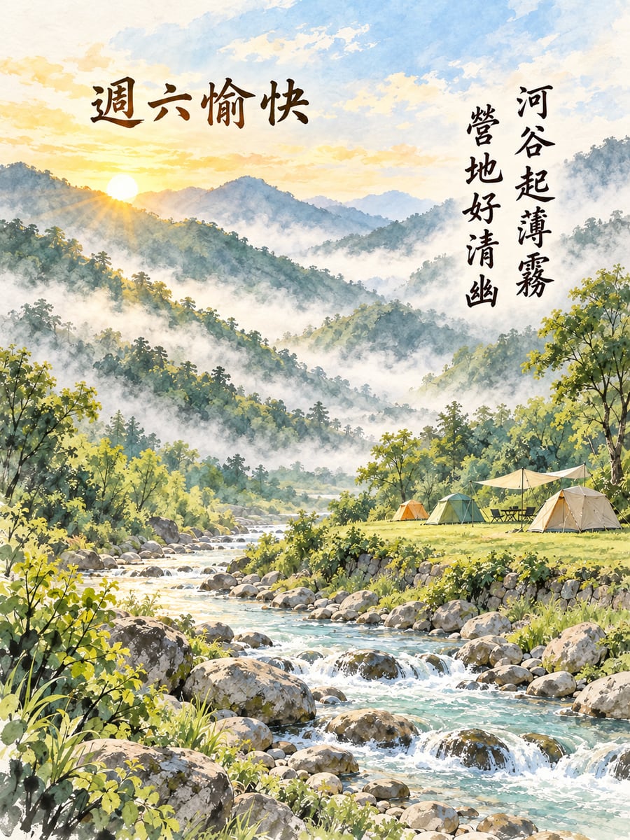 河谷營地的薄霧。圖中文字：週六愉快，河谷起薄霧，營地好清幽