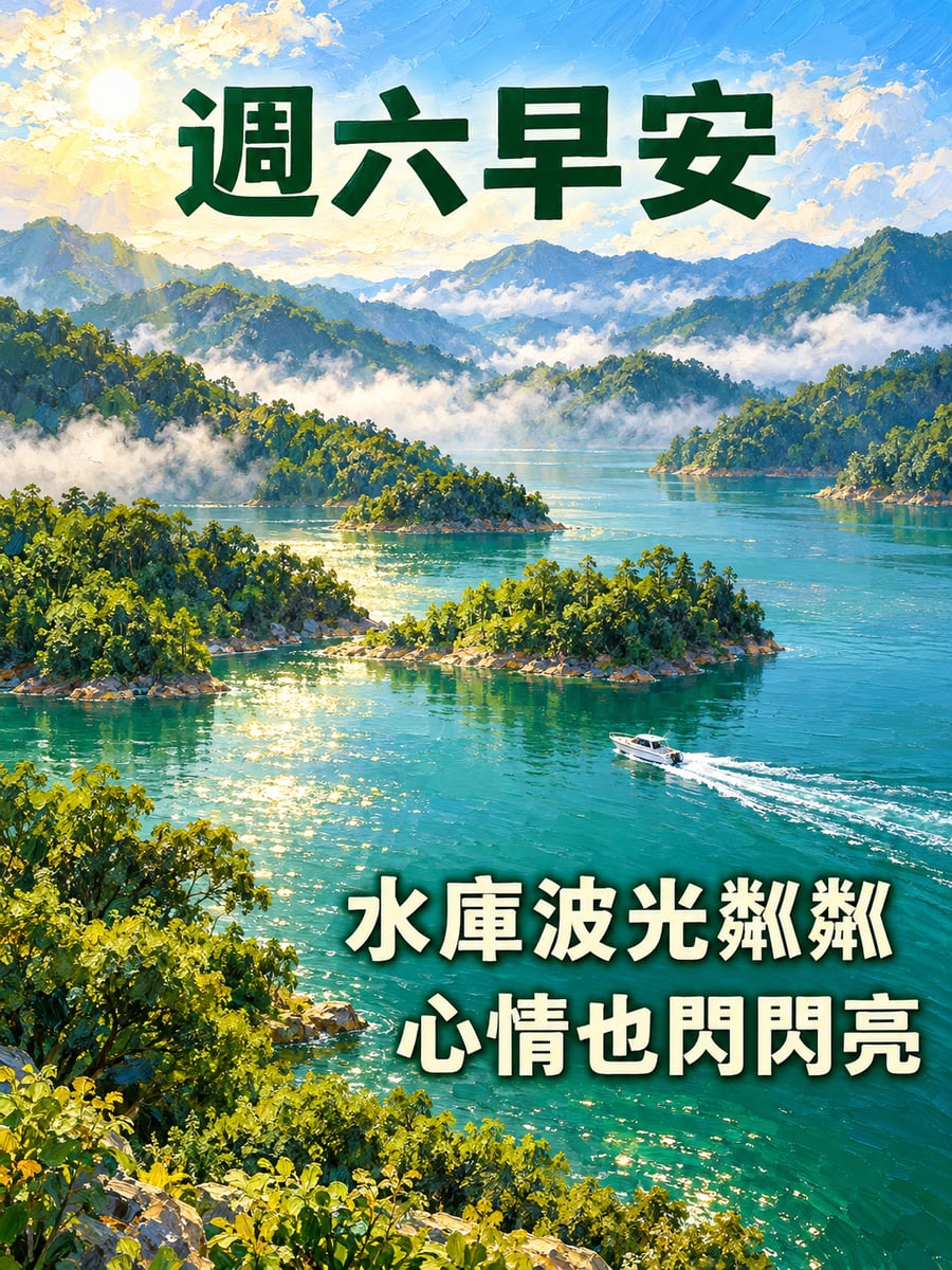 水庫的波光。圖中文字：週六早安，水庫波光粼粼，心情也閃閃亮