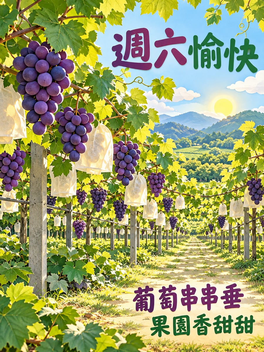 葡萄棚下的果園。圖中文字：週六愉快，葡萄串串垂，果園香甜甜