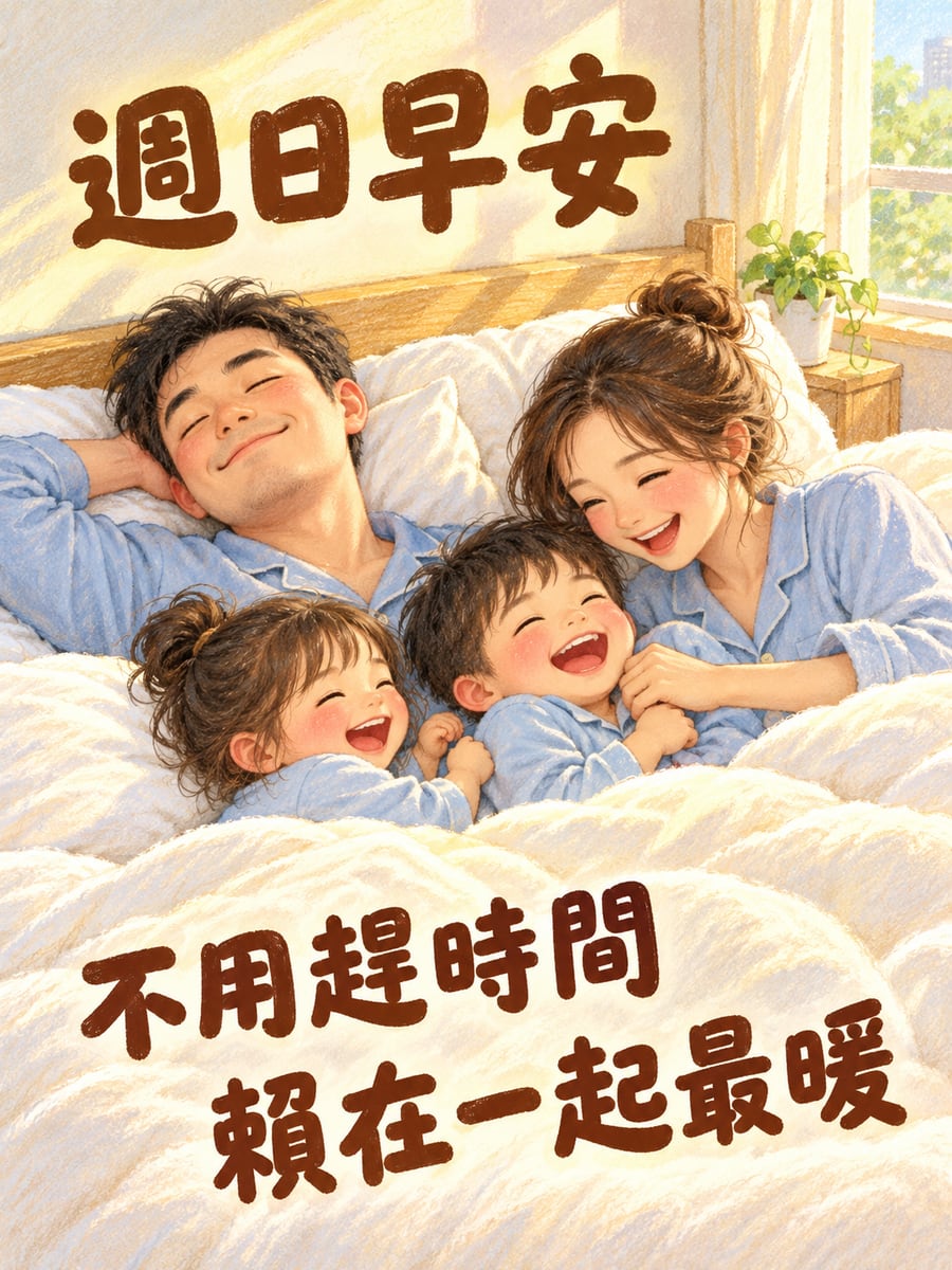 孩子鑽進爸媽被窩。圖中文字：週日早安，不用趕時間，賴在一起最暖