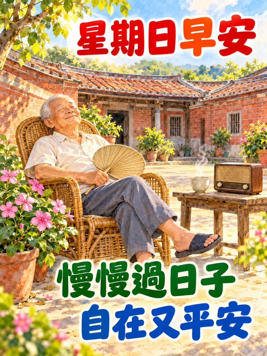 阿公藤椅打盹。圖中文字：星期日早安，慢慢過日子，自在又平安